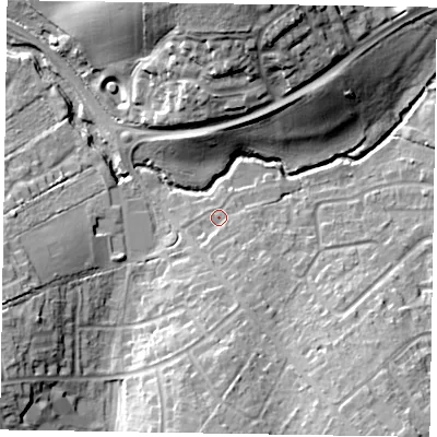 Shaded relief map of the ground around RG422AQ, computed from Environment Agency LiDAR. The ground here sits at about 50 m above sea level and falls 22 m across the surrounding 800 m. Surface water reaching this point runs off ground lying to the south-south-east, 4.0 m higher.