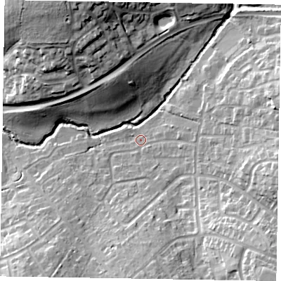 Shaded relief map of the ground around RG422ES, computed from Environment Agency LiDAR. The ground here sits at about 49 m above sea level and falls 24 m across the surrounding 800 m. Surface water reaching this point runs off ground lying to the east, 10.2 m higher.