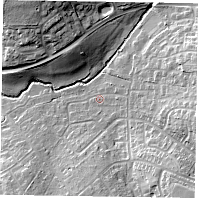 Shaded relief map of the ground around RG422ET, computed from Environment Agency LiDAR. The ground here sits at about 50 m above sea level and falls 23 m across the surrounding 800 m. Surface water reaching this point runs off ground lying to the south-east, 15.1 m higher.