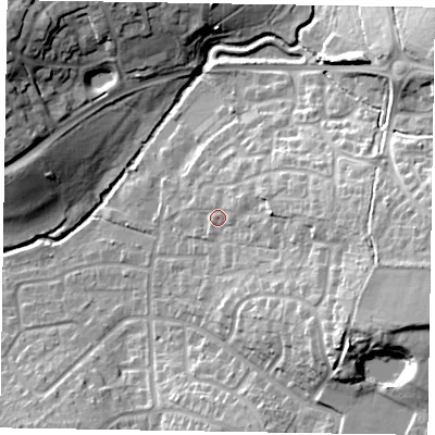 Shaded relief map of the ground around RG422EX, computed from Environment Agency LiDAR. The ground here sits at about 54 m above sea level and falls 24 m across the surrounding 800 m. Surface water reaching this point runs off ground lying to the east, 8.8 m higher.