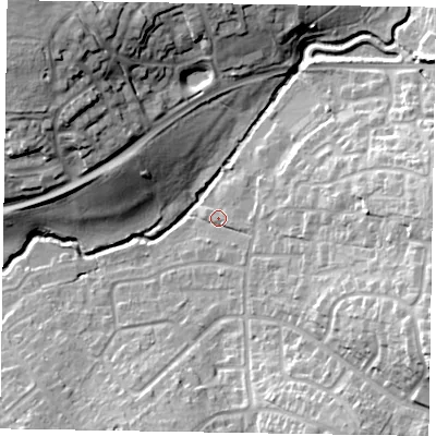 Shaded relief map of the ground around RG422HT, computed from Environment Agency LiDAR. The ground here sits at about 50 m above sea level and falls 25 m across the surrounding 800 m. Surface water reaching this point runs off ground lying to the east-south-east, 14.8 m higher.