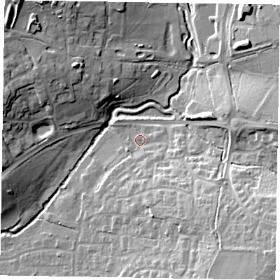 Shaded relief map of the ground around RG422PN, computed from Environment Agency LiDAR. The ground here sits at about 52 m above sea level and falls 25 m across the surrounding 800 m. Surface water reaching this point runs off ground lying to the south-south-east, 8.0 m higher.