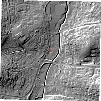 Shaded relief map of the ground around RG423DP, computed from Environment Agency LiDAR. The ground here sits at about 62 m above sea level and falls 21 m across the surrounding 800 m. Surface water reaching this point runs off ground lying to the west-north-west, 1.1 m higher.
