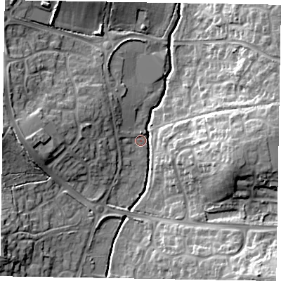 Shaded relief map of the ground around RG423DY, computed from Environment Agency LiDAR. The ground here sits at about 61 m above sea level and falls 21 m across the surrounding 800 m. Surface water reaching this point runs off ground lying to the south-east, 20.2 m higher.