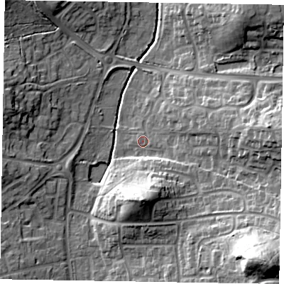 Shaded relief map of the ground around RG423EF, computed from Environment Agency LiDAR. The ground here sits at about 64 m above sea level and falls 35 m across the surrounding 800 m. Surface water reaching this point runs off ground lying to the south-east, 30.7 m higher.