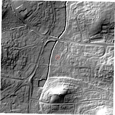 Shaded relief map of the ground around RG423EQ, computed from Environment Agency LiDAR. The ground here sits at about 63 m above sea level and falls 30 m across the surrounding 800 m. Surface water reaching this point runs off ground lying to the east, 16.6 m higher.