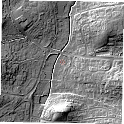 Shaded relief map of the ground around RG423EW, computed from Environment Agency LiDAR. The ground here sits at about 62 m above sea level and falls 20 m across the surrounding 800 m. Surface water reaching this point runs off ground lying to the south, 19.2 m higher.