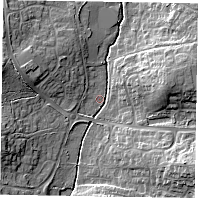 Shaded relief map of the ground around RG423EZ, computed from Environment Agency LiDAR. The ground here sits at about 62 m above sea level and falls 21 m across the surrounding 800 m. Surface water reaching this point runs off ground lying to the south-east, 19.9 m higher.