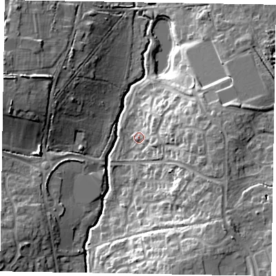 Shaded relief map of the ground around RG423JL, computed from Environment Agency LiDAR. The ground here sits at about 62 m above sea level and falls 19 m across the surrounding 800 m. Surface water reaching this point runs off ground lying to the east-south-east, 12.5 m higher.