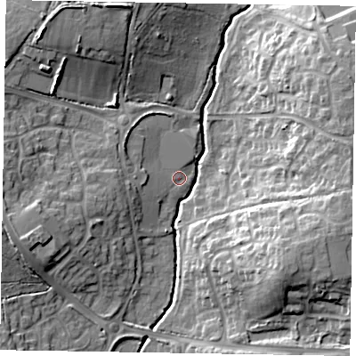 Shaded relief map of the ground around RG423JP, computed from Environment Agency LiDAR. The ground here sits at about 62 m above sea level and falls 18 m across the surrounding 800 m. Surface water reaching this point runs off ground lying to the west-south-west, 6.2 m higher.