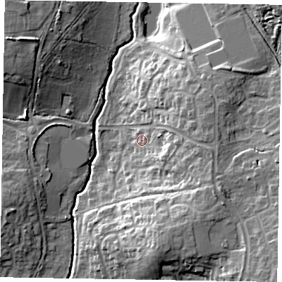 Shaded relief map of the ground around RG423XA, computed from Environment Agency LiDAR. The ground here sits at about 64 m above sea level and falls 21 m across the surrounding 800 m. Surface water reaching this point runs off ground lying to the east, 8.7 m higher.