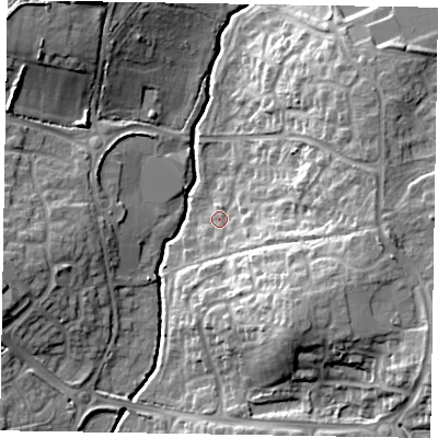 Shaded relief map of the ground around RG423XB, computed from Environment Agency LiDAR. The ground here sits at about 62 m above sea level and falls 19 m across the surrounding 800 m. Surface water reaching this point runs off ground lying to the east-south-east, 5.7 m higher.