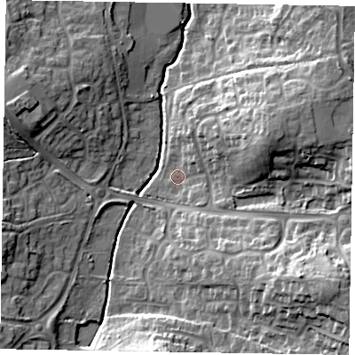 Shaded relief map of the ground around RG423XY, computed from Environment Agency LiDAR. The ground here sits at about 63 m above sea level and falls 21 m across the surrounding 800 m. Surface water reaching this point runs off ground lying to the south-east, 17.9 m higher.