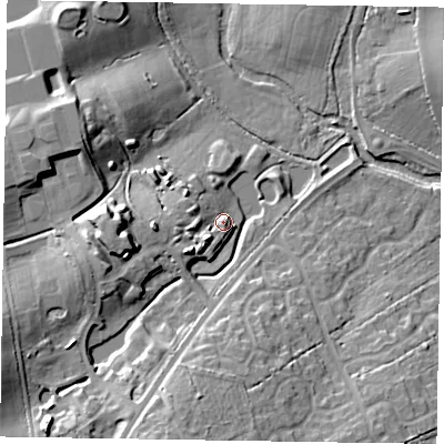 Shaded relief map of the ground around RG424JW, computed from Environment Agency LiDAR. The ground here sits at about 54 m above sea level and falls 19 m across the surrounding 800 m. Surface water reaching this point runs off ground lying to the south-west, 7.0 m higher.