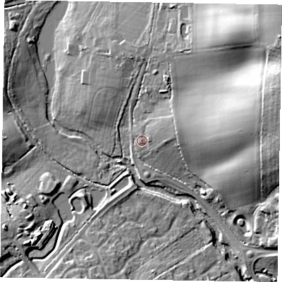 Shaded relief map of the ground around RG424LY, computed from Environment Agency LiDAR. The ground here sits at about 50 m above sea level and falls 29 m across the surrounding 800 m. Surface water reaching this point runs off ground lying to the east-north-east, 6.1 m higher.