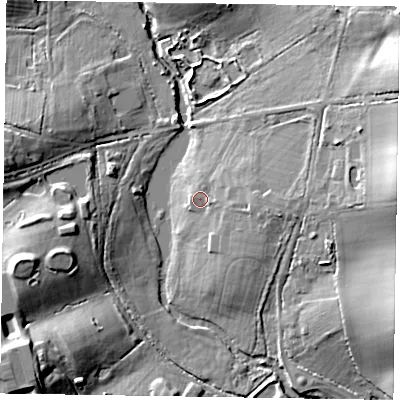 Shaded relief map of the ground around RG424NB, computed from Environment Agency LiDAR. The ground here sits at about 49 m above sea level and falls 19 m across the surrounding 800 m. Surface water reaching this point runs off ground lying to the east, 3.6 m higher.