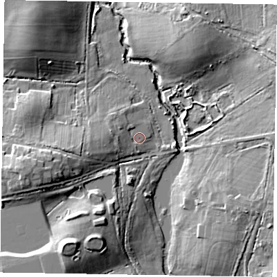 Shaded relief map of the ground around RG424NL, computed from Environment Agency LiDAR. The ground here sits at about 48 m above sea level and falls 16 m across the surrounding 800 m. Surface water reaching this point runs off ground lying to the west, 3.1 m higher.