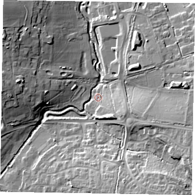 Shaded relief map of the ground around RG424SS, computed from Environment Agency LiDAR. The ground here sits at about 51 m above sea level and falls 23 m across the surrounding 800 m. Surface water reaching this point runs off ground lying to the east, 19.3 m higher.
