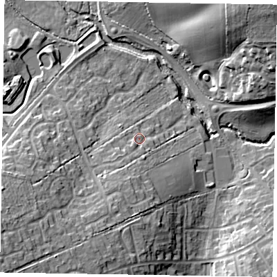 Shaded relief map of the ground around RG424UR, computed from Environment Agency LiDAR. The ground here sits at about 52 m above sea level and falls 24 m across the surrounding 800 m. Surface water reaching this point runs off ground lying to the south-west, 3.8 m higher.