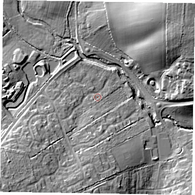 Shaded relief map of the ground around RG424UW, computed from Environment Agency LiDAR. The ground here sits at about 49 m above sea level and falls 26 m across the surrounding 800 m. Surface water reaching this point runs off ground lying to the south-west, 17.0 m higher.