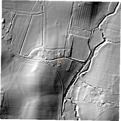 Shaded relief map of the ground around RG425NP, computed from Environment Agency LiDAR. The ground here sits at about 52 m above sea level and falls 17 m across the surrounding 800 m. Surface water reaching this point runs off ground lying to the west, 4.8 m higher.