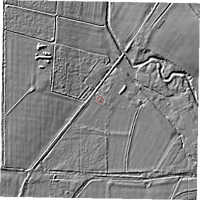 Shaded relief map of the ground around RG425QN, computed from Environment Agency LiDAR. The ground here sits at about 41 m above sea level and falls 7 m across the surrounding 800 m. Surface water reaching this point runs off ground lying to the south-west, 1.7 m higher.