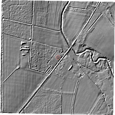 Shaded relief map of the ground around RG425QP, computed from Environment Agency LiDAR. The ground here sits at about 40 m above sea level and falls 7 m across the surrounding 800 m. Surface water reaching this point runs off ground lying to the west-south-west, 3.3 m higher.