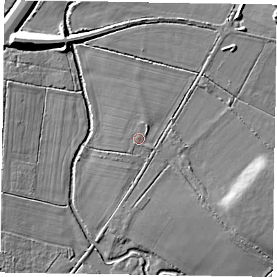 Shaded relief map of the ground around RG425QR, computed from Environment Agency LiDAR. The ground here sits at about 41 m above sea level and falls 11 m across the surrounding 800 m. The ground contributing surface water to this point lies to the north-north-east.