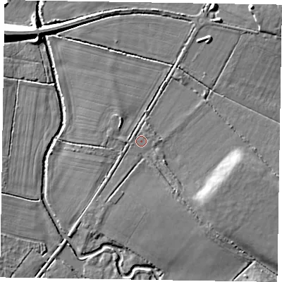 Shaded relief map of the ground around RG425QS, computed from Environment Agency LiDAR. The ground here sits at about 41 m above sea level and falls 10 m across the surrounding 800 m. Surface water reaching this point runs off ground lying to the south-east, 4.2 m higher.