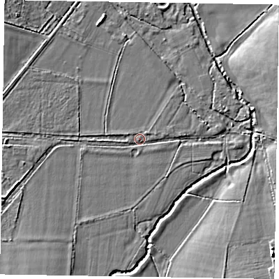 Shaded relief map of the ground around RG425QU, computed from Environment Agency LiDAR. The ground here sits at about 41 m above sea level and falls 8 m across the surrounding 800 m. Surface water reaching this point runs off ground lying to the south-west, 3.1 m higher.