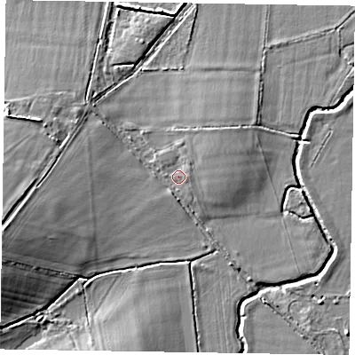 Shaded relief map of the ground around RG425QX, computed from Environment Agency LiDAR. The ground here sits at about 43 m above sea level and falls 10 m across the surrounding 800 m. Surface water reaching this point runs off ground lying to the north-east, 0.8 m higher.