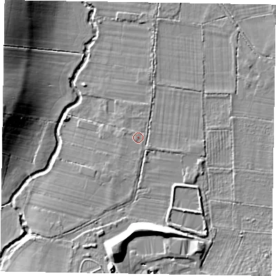 Shaded relief map of the ground around RG425QZ, computed from Environment Agency LiDAR. The ground here sits at about 45 m above sea level and falls 14 m across the surrounding 800 m. Surface water reaching this point runs off ground lying to the south-south-west, 1.3 m higher.