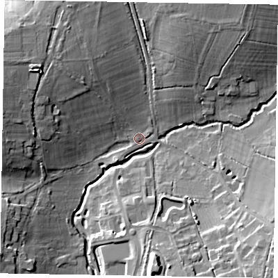 Shaded relief map of the ground around RG425RT, computed from Environment Agency LiDAR. The ground here sits at about 52 m above sea level and falls 16 m across the surrounding 800 m. Surface water reaching this point runs off ground lying to the north-north-west, 11.1 m higher.