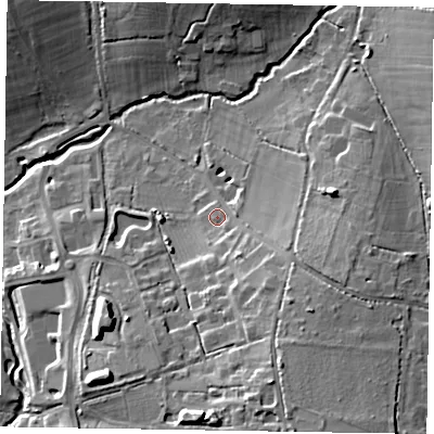 Shaded relief map of the ground around RG426AE, computed from Environment Agency LiDAR. The ground here sits at about 57 m above sea level and falls 19 m across the surrounding 800 m. Surface water reaching this point runs off ground lying to the south-east, 7.6 m higher.