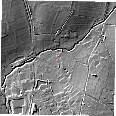 Shaded relief map of the ground around RG426AJ, computed from Environment Agency LiDAR. The ground here sits at about 53 m above sea level and falls 17 m across the surrounding 800 m. Surface water reaching this point runs off ground lying to the south-south-east, 12.4 m higher.
