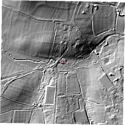 Shaded relief map of the ground around RG426BP, computed from Environment Agency LiDAR. The ground here sits at about 58 m above sea level and falls 13 m across the surrounding 800 m. Surface water reaching this point runs off ground lying to the south-east, 9.1 m higher.