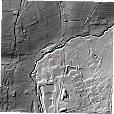 Shaded relief map of the ground around RG426BW, computed from Environment Agency LiDAR. The ground here sits at about 53 m above sea level and falls 18 m across the surrounding 800 m. Surface water reaching this point runs off ground lying to the south-south-east, 4.1 m higher.