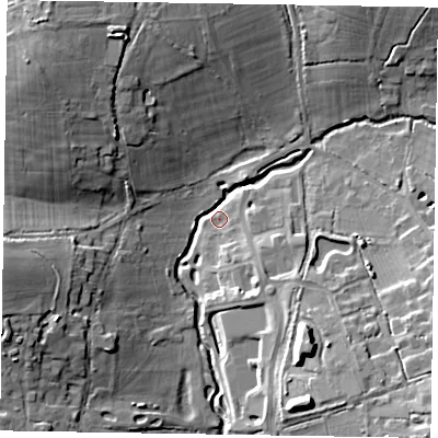 Shaded relief map of the ground around RG426DL, computed from Environment Agency LiDAR. The ground here sits at about 52 m above sea level and falls 17 m across the surrounding 800 m. Surface water reaching this point runs off ground lying to the south-east, 14.7 m higher.
