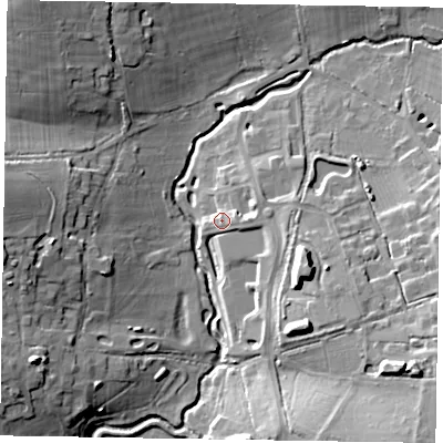 Shaded relief map of the ground around RG426DN, computed from Environment Agency LiDAR. The ground here sits at about 55 m above sea level and falls 20 m across the surrounding 800 m. Surface water reaching this point runs off ground lying to the east-south-east, 4.1 m higher.