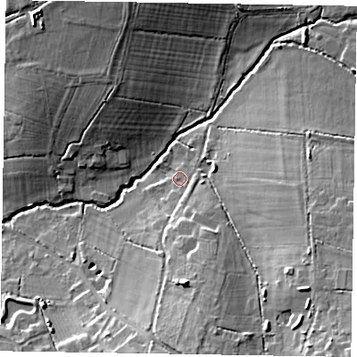 Shaded relief map of the ground around RG426DY, computed from Environment Agency LiDAR. The ground here sits at about 54 m above sea level and falls 15 m across the surrounding 800 m. Surface water reaching this point runs off ground lying to the south, 2.9 m higher.