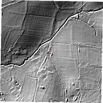 Shaded relief map of the ground around RG426ED, computed from Environment Agency LiDAR. The ground here sits at about 54 m above sea level and falls 15 m across the surrounding 800 m. Surface water reaching this point runs off ground lying to the south-east, 12.3 m higher.