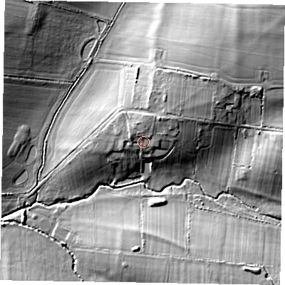 Shaded relief map of the ground around RG426EE, computed from Environment Agency LiDAR. The ground here sits at about 61 m above sea level and falls 16 m across the surrounding 800 m. Surface water reaching this point runs off ground lying to the north-north-east, 2.9 m higher.