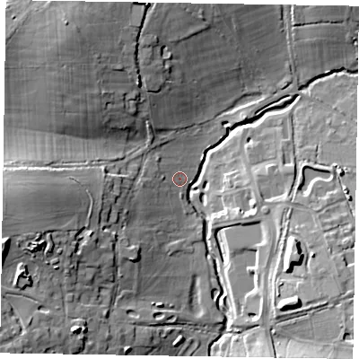 Shaded relief map of the ground around RG426EZ, computed from Environment Agency LiDAR. The ground here sits at about 52 m above sea level and falls 19 m across the surrounding 800 m. Surface water reaching this point runs off ground lying to the west, 4.5 m higher.
