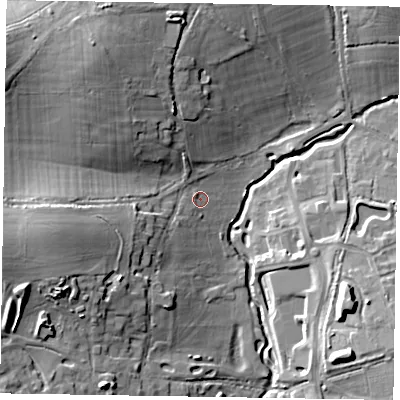 Shaded relief map of the ground around RG426FA, computed from Environment Agency LiDAR. The ground here sits at about 53 m above sea level and falls 19 m across the surrounding 800 m. Surface water reaching this point runs off ground lying to the west-south-west, 14.3 m higher.