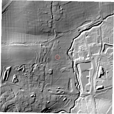 Shaded relief map of the ground around RG426FB, computed from Environment Agency LiDAR. The ground here sits at about 54 m above sea level and falls 19 m across the surrounding 800 m. Surface water reaching this point runs off ground lying to the west, 7.5 m higher.