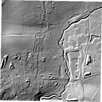 Shaded relief map of the ground around RG426FD, computed from Environment Agency LiDAR. The ground here sits at about 53 m above sea level and falls 19 m across the surrounding 800 m. Surface water reaching this point runs off ground lying to the west, 14.0 m higher.