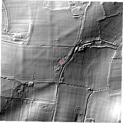Shaded relief map of the ground around RG426JQ, computed from Environment Agency LiDAR. The ground here sits at about 67 m above sea level and falls 19 m across the surrounding 800 m. Surface water reaching this point runs off ground lying to the north-north-east, 5.8 m higher.