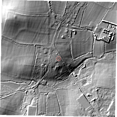 Shaded relief map of the ground around RG426LS, computed from Environment Agency LiDAR. The ground here sits at about 64 m above sea level and falls 16 m across the surrounding 800 m. Surface water reaching this point runs off ground lying to the north-north-west, 1.8 m higher.
