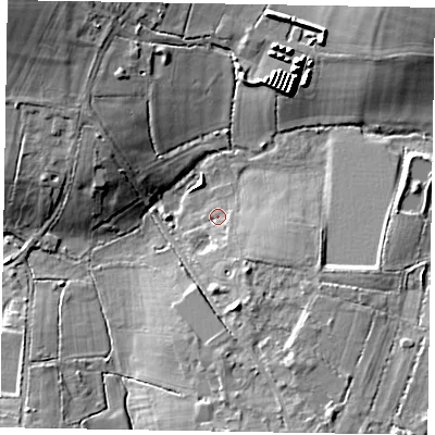 Shaded relief map of the ground around RG426NA, computed from Environment Agency LiDAR. The ground here sits at about 59 m above sea level and falls 13 m across the surrounding 800 m. Surface water reaching this point runs off ground lying to the south-east, 6.8 m higher.
