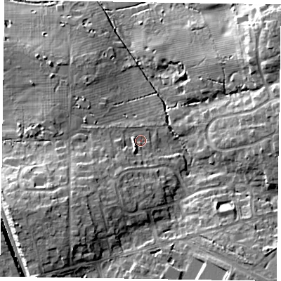 Shaded relief map of the ground around RG456BJ, computed from Environment Agency LiDAR. The ground here sits at about 71 m above sea level and falls 18 m across the surrounding 800 m. Surface water reaching this point runs off ground lying to the south-south-west, 4.5 m higher.